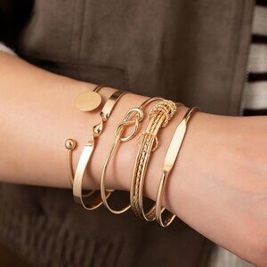 Set of 5 Gold Tone Bracelets Simple Bangle Bracelet Jewelry Set